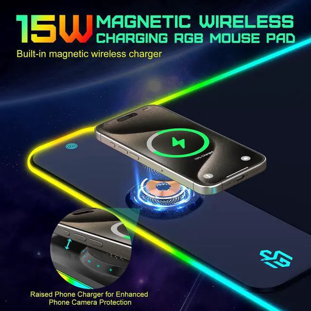 Alt view image 3 of 7 - Wireless Charging RGB Gaming Mouse Pad 15W, LED Mouse Mat 900x400x4MM, 10 Light Modes Extra Large Mousepad Non-Slip Rubber Base Computer Keyboard Mat for Gaming, MacBook, PC, Laptop, Desk