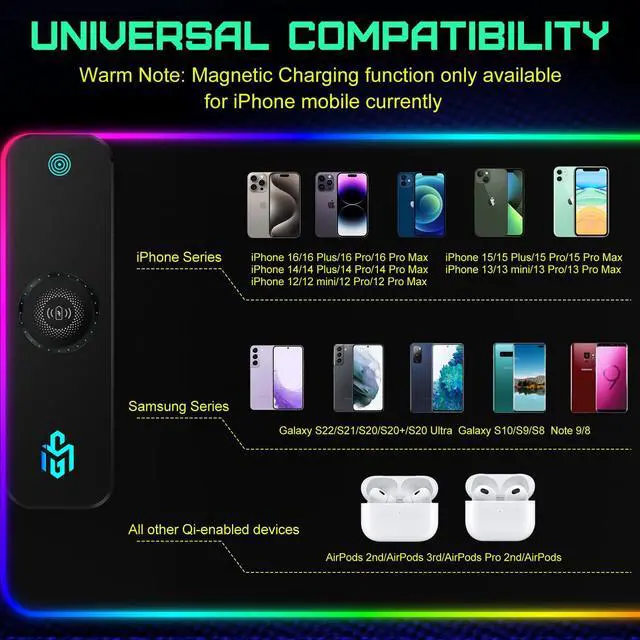 Alt view image 7 of 7 - Wireless Charging RGB Gaming Mouse Pad 15W, LED Mouse Mat 900x400x4MM, 10 Light Modes Extra Large Mousepad Non-Slip Rubber Base Computer Keyboard Mat for Gaming, MacBook, PC, Laptop, Desk