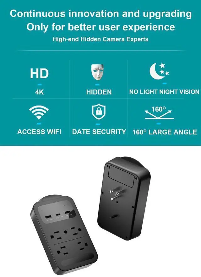 Alt view image 3 of 7 - 2025 Upgraded 4K WiFi Nanny Cam Hidden Camera with Night Vision,Wireless Outlet Charger Spy Camera,Motion Detection|SD Storage Indoor Camera for Pet|Home|Office-Black