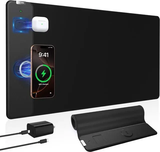 Main image of Magnetic Wireless Charging Mouse Pad, 31.5"x15.8" Large Gaming Desk Mat for Keyboard/Laptop, Non-Slip Base & 20W PD Adapter, Waterproof Ultra-Smooth Surface Mousepad for Gamer, Office & Home, Black