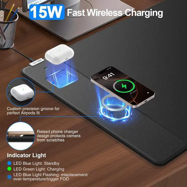 Alt view image 2 of 7 - Magnetic Wireless Charging Mouse Pad, 31.5"x15.8" Large Gaming Desk Mat for Keyboard/Laptop, Non-Slip Base & 20W PD Adapter, Waterproof Ultra-Smooth Surface Mousepad for Gamer, Office & Home, Black