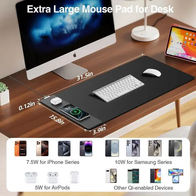Alt view image 3 of 7 - Magnetic Wireless Charging Mouse Pad, 31.5"x15.8" Large Gaming Desk Mat for Keyboard/Laptop, Non-Slip Base & 20W PD Adapter, Waterproof Ultra-Smooth Surface Mousepad for Gamer, Office & Home, Black