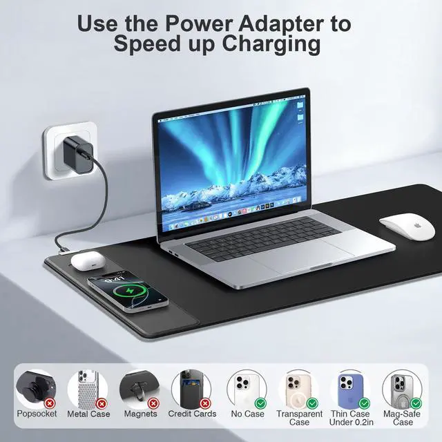 Alt view image 7 of 7 - Magnetic Wireless Charging Mouse Pad, 31.5"x15.8" Large Gaming Desk Mat for Keyboard/Laptop, Non-Slip Base & 20W PD Adapter, Waterproof Ultra-Smooth Surface Mousepad for Gamer, Office & Home, Black