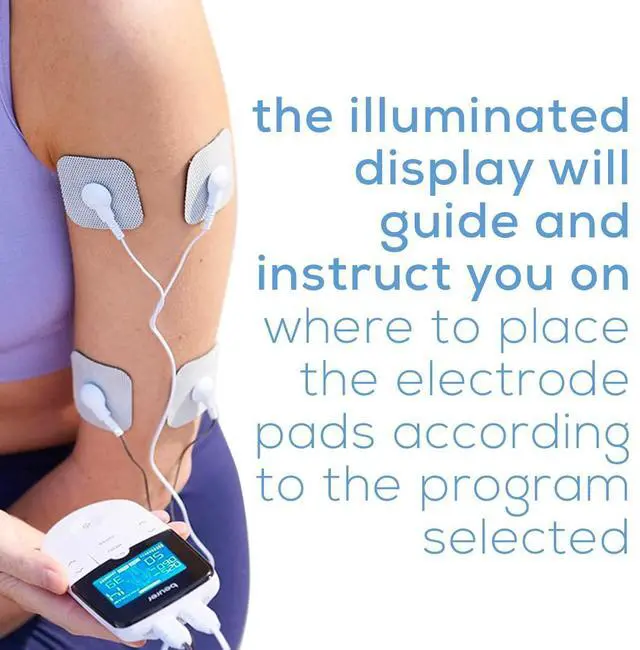 Alt view image 4 of 7 - EM49 Digital TENS & EMS Device for Pain Relief and Muscle Stimulation, 15 TENS Programs, 35 EMS Programs, 2 Adjustable Channels with 4 Self-Adhesive Electrodes