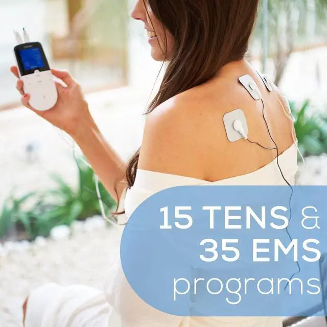 Alt view image 7 of 7 - EM49 Digital TENS & EMS Device for Pain Relief and Muscle Stimulation, 15 TENS Programs, 35 EMS Programs, 2 Adjustable Channels with 4 Self-Adhesive Electrodes