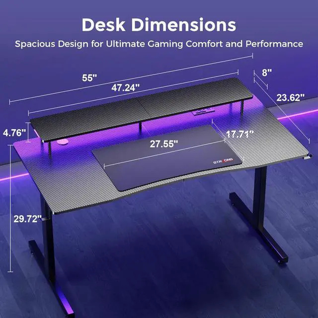 Alt view image 2 of 7 - Gaming Desk with LED Lights, 55 Inch Large Computer Gamer Desk with Monitor Stand & Power Outlet, Ergonomic Carbon Fiber Surface Gaming Table with Mouse Pad for Home Office, Carbon Black