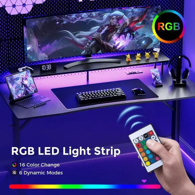 Alt view image 5 of 7 - Gaming Desk with LED Lights, 55 Inch Large Computer Gamer Desk with Monitor Stand & Power Outlet, Ergonomic Carbon Fiber Surface Gaming Table with Mouse Pad for Home Office, Carbon Black