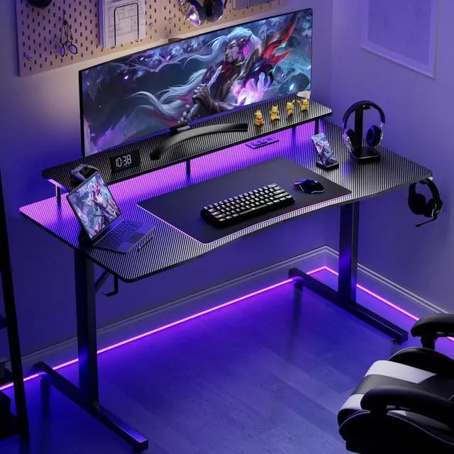 Alt view image 3 of 7 - Gaming Desk with LED Lights, 55 Inch Large Computer Gamer Desk with Monitor Stand & Power Outlet, Ergonomic Carbon Fiber Surface Gaming Table with Mouse Pad for Home Office, Carbon Black