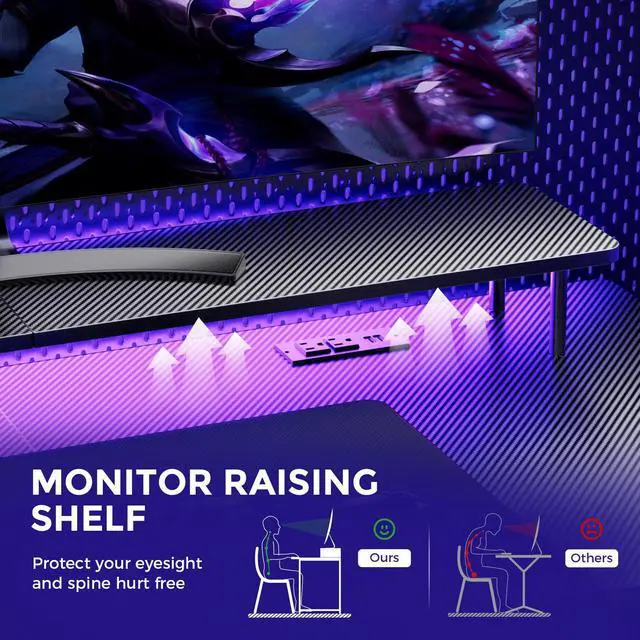 Alt view image 6 of 7 - Gaming Desk with LED Lights, 55 Inch Large Computer Gamer Desk with Monitor Stand & Power Outlet, Ergonomic Carbon Fiber Surface Gaming Table with Mouse Pad for Home Office, Carbon Black