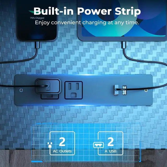 Alt view image 3 of 7 - Small Gaming Desk with LED Lights & Power Outlets, 55 Inch Computer Desk with Monitor Stand, PC Gaming Table with Carbon Fiber, Black