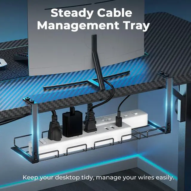 Alt view image 5 of 7 - Small Gaming Desk with LED Lights & Power Outlets, 55 Inch Computer Desk with Monitor Stand, PC Gaming Table with Carbon Fiber, Black