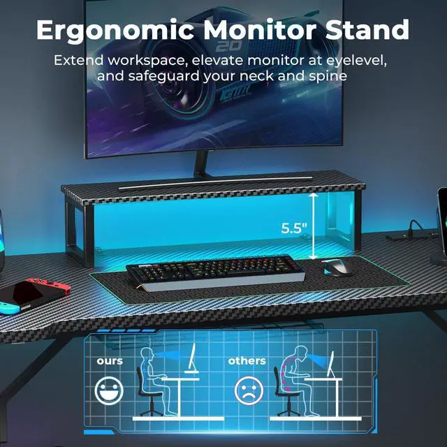 Alt view image 6 of 7 - Small Gaming Desk with LED Lights & Power Outlets, 55 Inch Computer Desk with Monitor Stand, PC Gaming Table with Carbon Fiber, Black