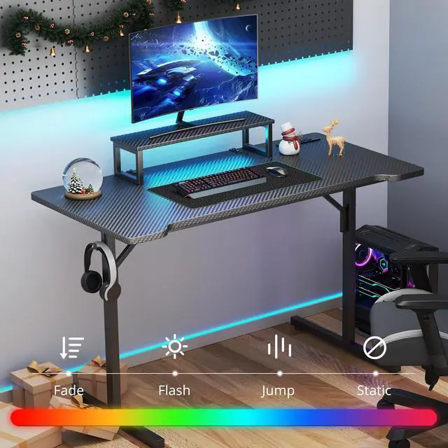 Alt view image 7 of 7 - Small Gaming Desk with LED Lights & Power Outlets, 55 Inch Computer Desk with Monitor Stand, PC Gaming Table with Carbon Fiber, Black