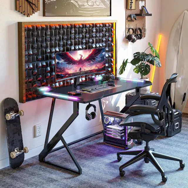 Alt view image 2 of 7 - Gaming Desk with LED Lights, 40 Inch Computer Desk Z Shaped Gamer Workstation, Gaming Table with Carbon Fiber Surface, PC Gamer Desk, Black