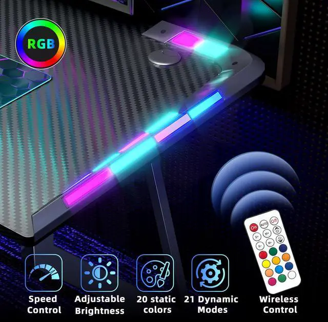 Alt view image 4 of 7 - Gaming Desk with LED Lights, 40 Inch Computer Desk Z Shaped Gamer Workstation, Gaming Table with Carbon Fiber Surface, PC Gamer Desk, Black