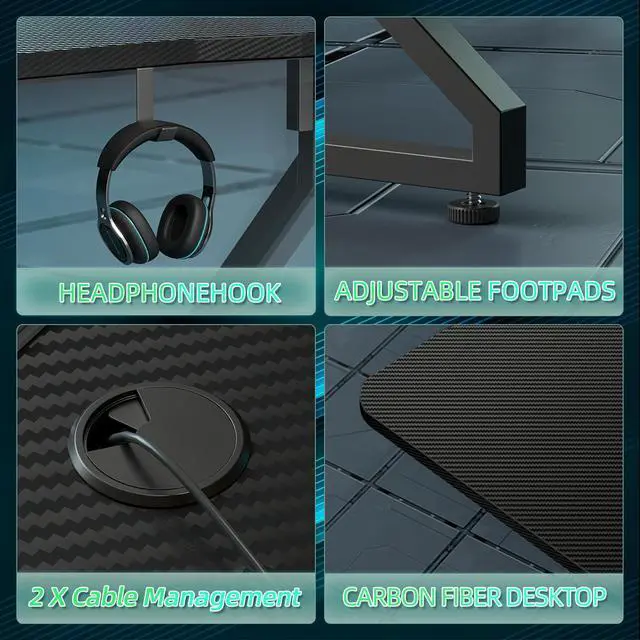 Alt view image 6 of 7 - Gaming Desk with LED Lights, 40 Inch Computer Desk Z Shaped Gamer Workstation, Gaming Table with Carbon Fiber Surface, PC Gamer Desk, Black