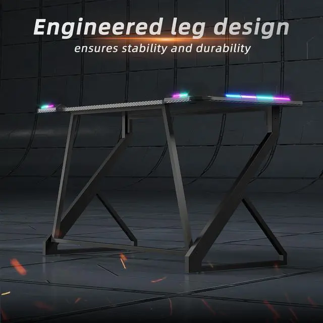 Alt view image 7 of 7 - Gaming Desk with LED Lights, 40 Inch Computer Desk Z Shaped Gamer Workstation, Gaming Table with Carbon Fiber Surface, PC Gamer Desk, Black