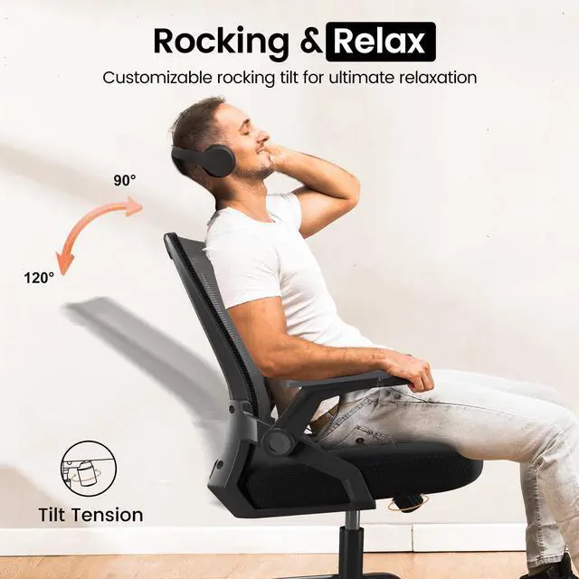 Alt view image 3 of 6 - Ergonomic Office Chair, Computer Desk Chair Comfy with Adjustable Lumbar Support, Mid-Back Mesh Office Chair with Flip-up Armrest, Tilt Function Task Chair for Home, Bedroom, Gaming, Black