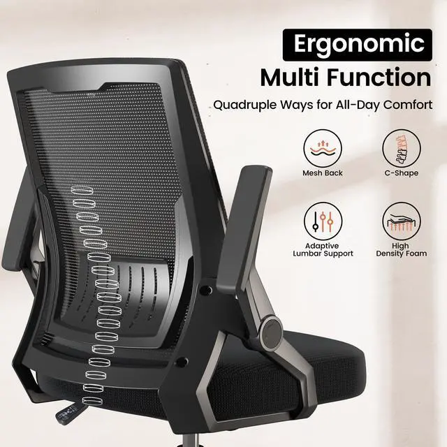 Alt view image 4 of 6 - Ergonomic Office Chair, Computer Desk Chair Comfy with Adjustable Lumbar Support, Mid-Back Mesh Office Chair with Flip-up Armrest, Tilt Function Task Chair for Home, Bedroom, Gaming, Black