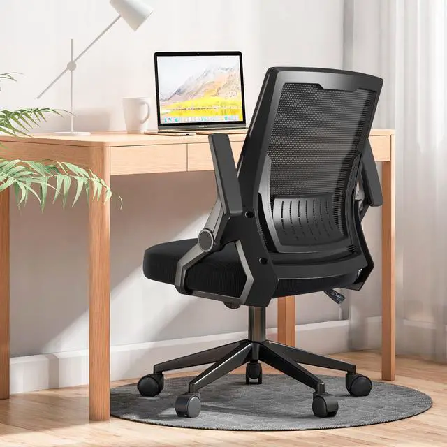Main image of Ergonomic Office Chair, Computer Desk Chair Comfy with Adjustable Lumbar Support, Mid-Back Mesh Office Chair with Flip-up Armrest, Tilt Function Task Chair for Home, Bedroom, Gaming, Black
