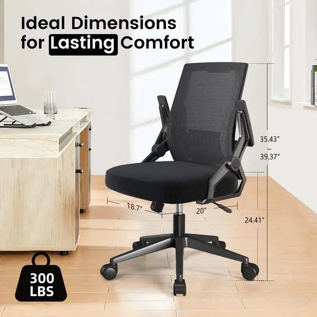 Alt view image 2 of 6 - Ergonomic Office Chair, Computer Desk Chair Comfy with Adjustable Lumbar Support, Mid-Back Mesh Office Chair with Flip-up Armrest, Tilt Function Task Chair for Home, Bedroom, Gaming, Black