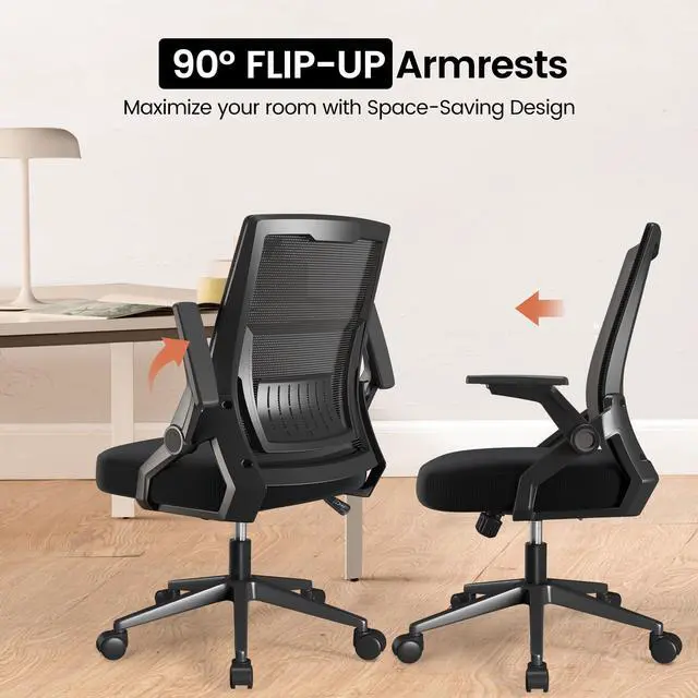 Alt view image 5 of 6 - Ergonomic Office Chair, Computer Desk Chair Comfy with Adjustable Lumbar Support, Mid-Back Mesh Office Chair with Flip-up Armrest, Tilt Function Task Chair for Home, Bedroom, Gaming, Black