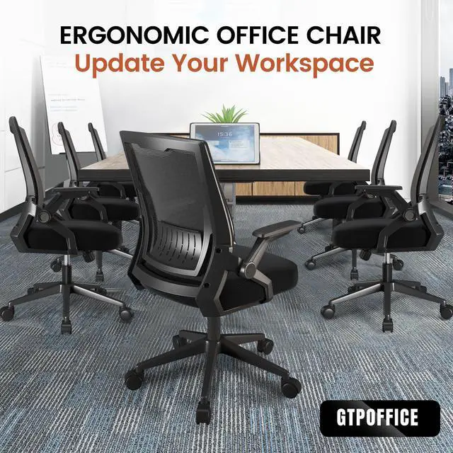 Alt view image 6 of 6 - Ergonomic Office Chair, Computer Desk Chair Comfy with Adjustable Lumbar Support, Mid-Back Mesh Office Chair with Flip-up Armrest, Tilt Function Task Chair for Home, Bedroom, Gaming, Black