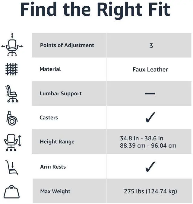 Alt view image 2 of 3 - Office Computer Task Desk Chair with Padded Armrests, Mid-Back, Adjustable, 360 Swivel, Rolling, 275 Pound Capacity, 24.2"D x 24"W x 34.8"H, Black Faux Leather