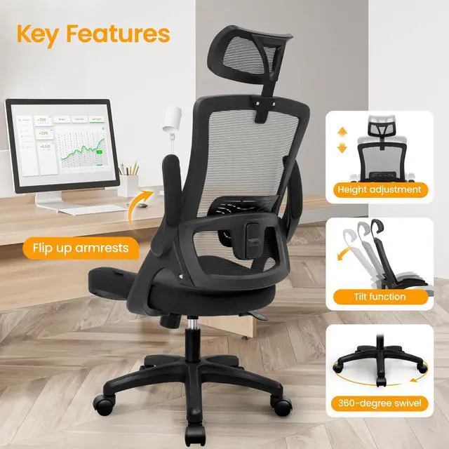 Alt view image 2 of 7 - Ergonomic Office Desk Chair High Back Computer Gaming Mesh Chair with Comfy Task Adjustable Arms Lumbar Support Headrest Swivel for Home Office (Black)