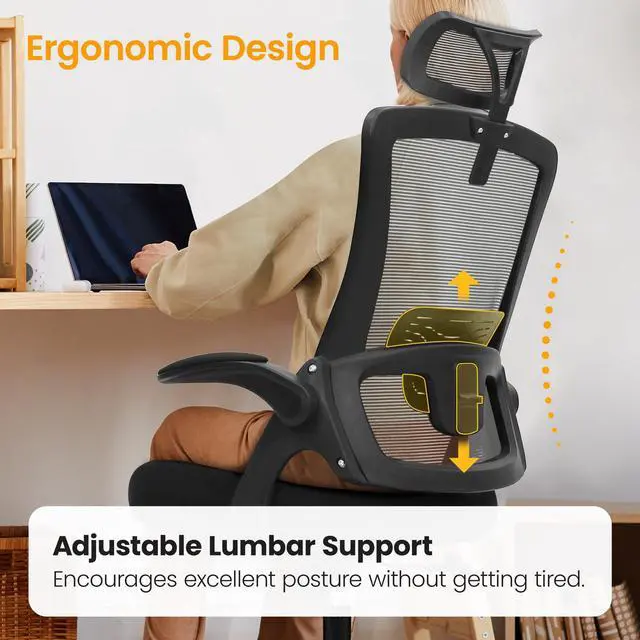 Alt view image 3 of 7 - Ergonomic Office Desk Chair High Back Computer Gaming Mesh Chair with Comfy Task Adjustable Arms Lumbar Support Headrest Swivel for Home Office (Black)