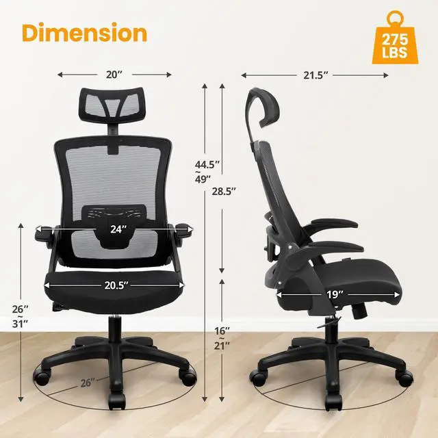 Alt view image 6 of 7 - Ergonomic Office Desk Chair High Back Computer Gaming Mesh Chair with Comfy Task Adjustable Arms Lumbar Support Headrest Swivel for Home Office (Black)