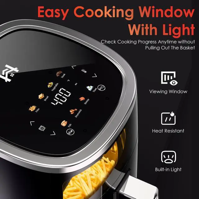Alt view image 6 of 7 - 4QT Compact Air Fryer, 9-in-1 with Smart Digital Color TouchScreen Air Fryers View Window, Air Fry, Roast, Bake, Broil, Reheat, Dehydrate, 12 Presets,Less Oil Nonstick & Dishwasher Safe Basket