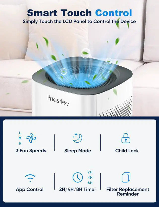 Alt view image 6 of 7 - Air Purifier for Bedroom, Home, Dorm Up to 1100Ft², Smart WiFi Air Purifiers, 3-in-1 Air Filter with HEPA Sleep Mode, Remove Dust Smoke Pollutants Odor Pet Dander