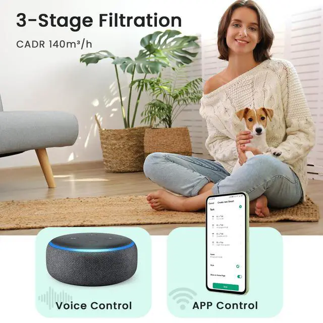 Alt view image 2 of 7 - Air Purifiers for Home Bedroom Large Room Up to 1076 Ft², Smart WiFi Works with Alexa, 3-Stage Filter Cleaner Odor Eliminator, Pet Dander Pollen Allergy Dust Mold Smoke, 22dB, Kiloplus