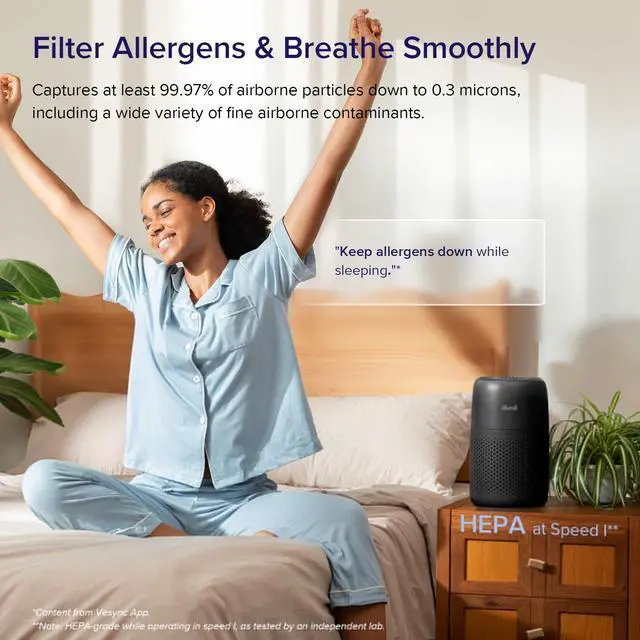 Alt view image 2 of 7 - Air Purifiers for Bedroom Home, AHAM VERIFIDE, 3-in-1 Filter with Fragrance Sponge for Better Sleep, Filters Smoke, Allergies, Pet Dander, Odor, Dust, Office, Portable, Core Mini-P, Black