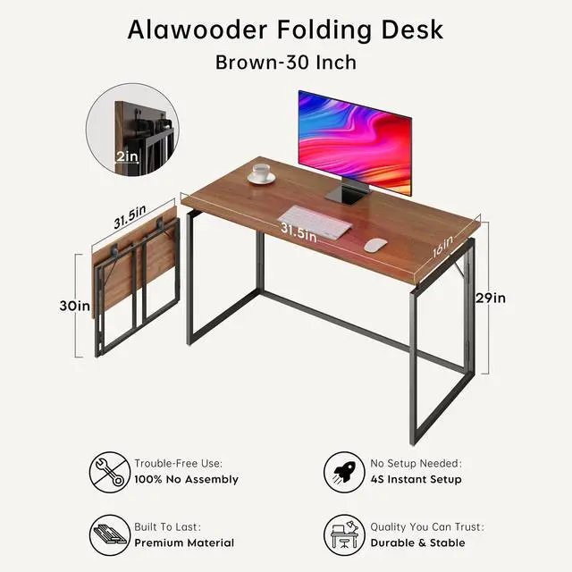 Alt view image 6 of 7 - Folding Desk 30 Inch - No Assembly Small Foldable Desk for Small Space, Minimalist Space Saving Collapsible Compact Desk Portable Table for Craft, Writing, Study and Work
