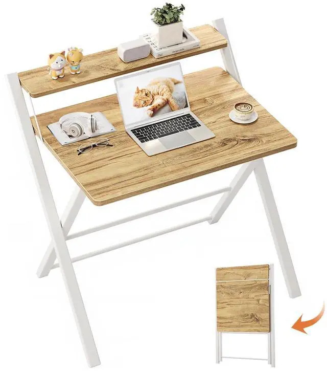 Main image of Portable Small Desk No Assembly, 2-Tier Compact Computer Desk with Shelf, Space Saving Foldable Table for Home Office, Bedroom or Apartment, Portable Collapsible Sturdy Laptop Desk, Oak
