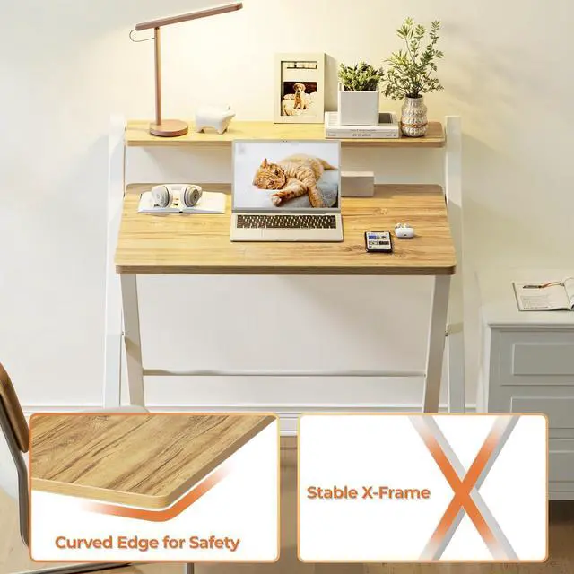 Alt view image 5 of 7 - Portable Small Desk No Assembly, 2-Tier Compact Computer Desk with Shelf, Space Saving Foldable Table for Home Office, Bedroom or Apartment, Portable Collapsible Sturdy Laptop Desk, Oak