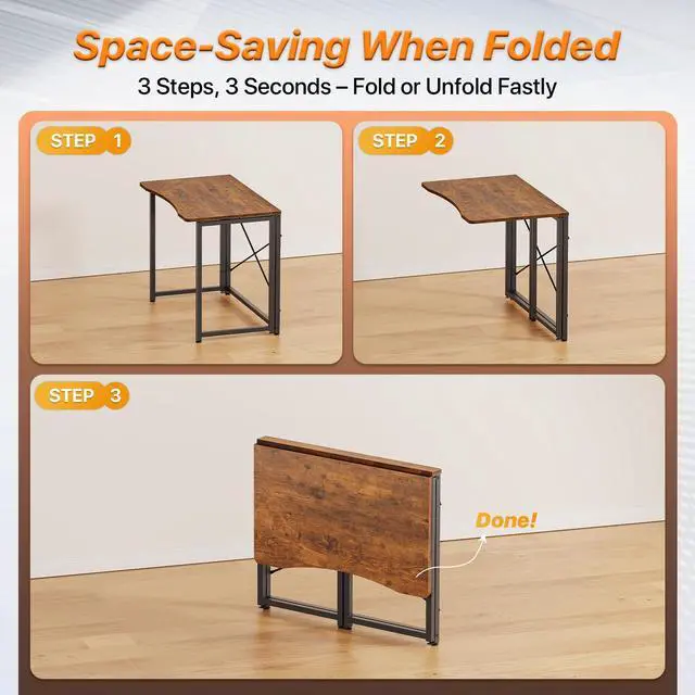 Alt view image 6 of 7 - Folding Desk for Small Spaces, 31.5 Inch Foldable Computer Table, for Home Office, Study, Bedroom, Dorm, Space Saving, Small Writing Work Office Computer Desk, Easy to Fold, Rustic Brown