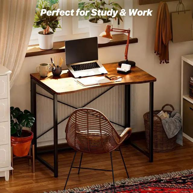 Alt view image 7 of 7 - Folding Desk for Small Spaces, 31.5 Inch Foldable Computer Table, for Home Office, Study, Bedroom, Dorm, Space Saving, Small Writing Work Office Computer Desk, Easy to Fold, Rustic Brown