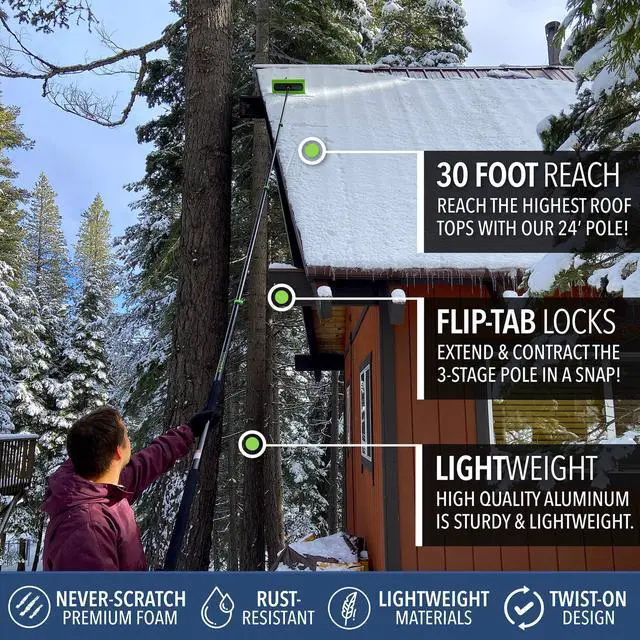 Alt view image 3 of 7 - Never-Scratch SnowBuster and Ice Scraper 7-to-24 Foot (Up to 30 Ft Standing Reach) | Pre Assembled Extendable Roof Rake for Snow Removal | Heavy-Duty Aluminum, Soft Foam Pad