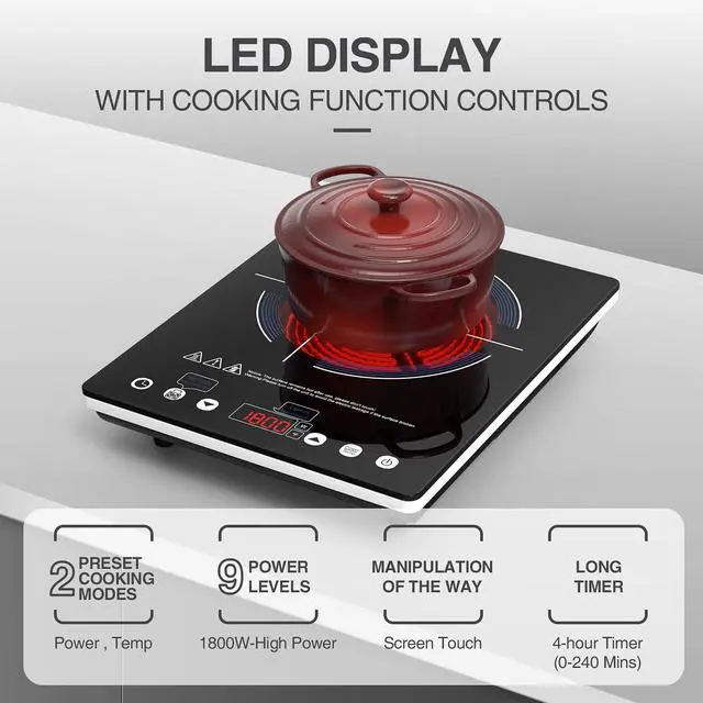 Alt view image 6 of 7 - Electric Cooktop,110V Electric Stove Top,Single Burner LED Touch Control,9 Power Levels, Kids Lock &Timer,Overheat Protection,1800W Portable Induction Cooktop.