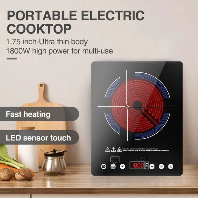 Alt view image 3 of 7 - Electric Cooktop,110V Electric Stove Top,Single Burner LED Touch Control,9 Power Levels, Kids Lock &Timer,Overheat Protection,1800W Portable Induction Cooktop.