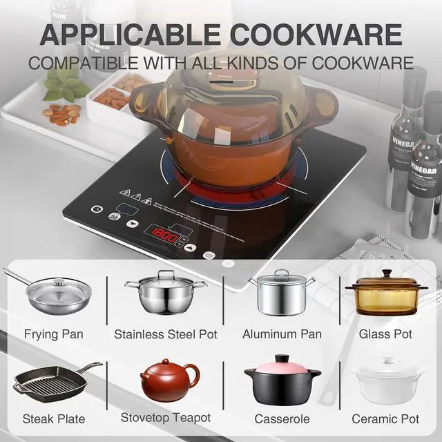 Alt view image 7 of 7 - Electric Cooktop,110V Electric Stove Top,Single Burner LED Touch Control,9 Power Levels, Kids Lock &Timer,Overheat Protection,1800W Portable Induction Cooktop.