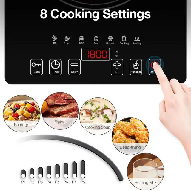 Alt view image 7 of 7 - Electric Cooktop, Portable Electric Cooktop 1800W Single Burner Stove with LED Touch Screen, 8 Power & 8 Temperature Levels, Timer, 110V-120V Hot Plate for Home Camping