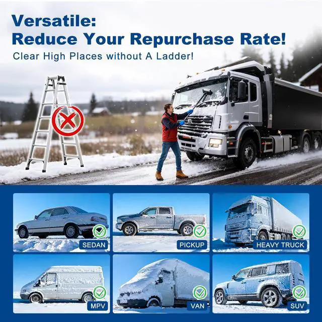 Alt view image 5 of 7 - 72" Extendable Long Snow Brush with Ice Scraper for Car Truck SUV Van - Soft Squeegee with 270° Pivoting Brush Head for Windshield Window - Snow Scraper & Antifreeze Gloves for Car Winter Accessories