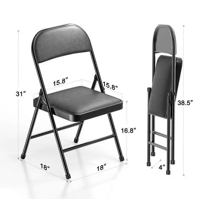 Alt view image 2 of 7 - 4 Pack Folding Chairs with Padded Cushion and Back, Khaki Metal Chairs with Comfortable Cushion and Durable Steel Frame for Home and Office, for Indoor and Outdoor Events (Black, 4 Pack)