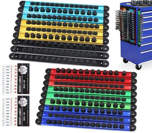 Main image of 18-Piece Magnetic Socket Holder Organizer Set (Holds 240 Sockets), Heavy Duty 1/2, 3/8, 1/4-Inch Socket Racks Premium Quality Socket-Clip Rail Holder Aluminum Sockets Rack Kit for Tool Box Drawer