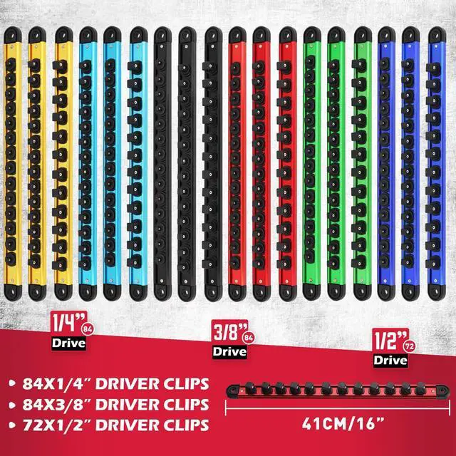 Alt view image 2 of 7 - 18-Piece Magnetic Socket Holder Organizer Set (Holds 240 Sockets), Heavy Duty 1/2, 3/8, 1/4-Inch Socket Racks Premium Quality Socket-Clip Rail Holder Aluminum Sockets Rack Kit for Tool Box Drawer