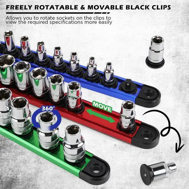 Alt view image 4 of 7 - 18-Piece Magnetic Socket Holder Organizer Set (Holds 240 Sockets), Heavy Duty 1/2, 3/8, 1/4-Inch Socket Racks Premium Quality Socket-Clip Rail Holder Aluminum Sockets Rack Kit for Tool Box Drawer